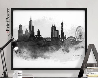 Chicago art, Chicago print, Chicago skyline, Chicago poster, Travel, Illinois, black & white, wall art, home decor, city print iPrintPoster