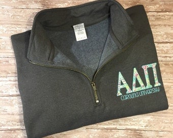 Sorority Quarter Zip Sweatshirt- Greek Letters Sweatshirt- College Sorority Pullover- Sorority 1/4 Zip up- ADPi- AOPi- DZ- Phi Mu- and more!