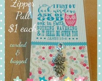 Zipper pull, Young Women's Theme 2017, If any of you lack Wisdom, LDS gift, scripture pull, keyring charm, owl charm
