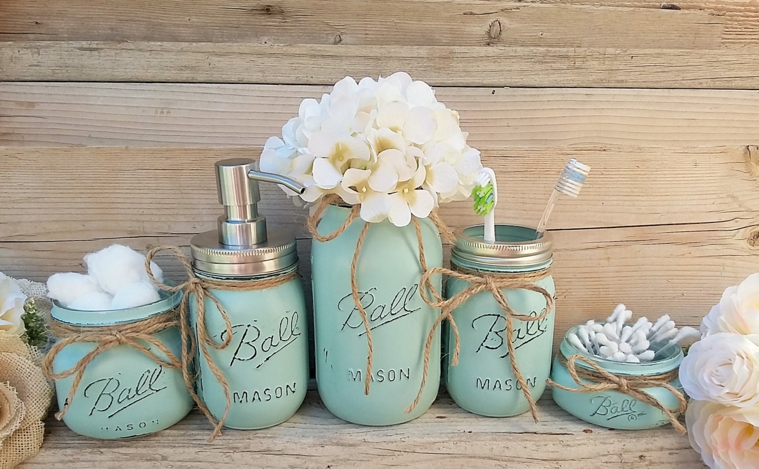 Mason Jar Bathroom Decor Seafoam Bathroom Set Painted Mason