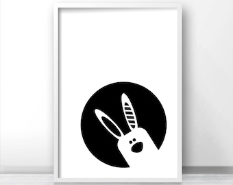 Digital Download Nursery Art, Bunny Nursery Print, Black White Nursery Wall Art, Baby Print, Monochrome Nursery Decor, Kids Print, Baby Art