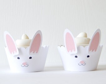 Bunny Cupcake Wrappers Set of 12: Ruffled cut wrappers with attached ears and nose, make cupcakes look like rabbits, by the dozen - LRD003CW