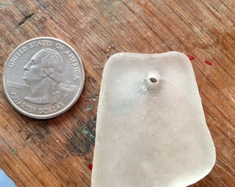 Drilled Large Beach glass Surf tumbled Extra Large pendant sized genuine top center white color sea glass E234