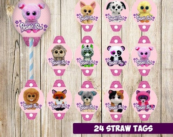 24 Beanie Boo Straw Tags instant download, Beanie Boo Straw Toppers, Beanie Boo Party Straw Tags