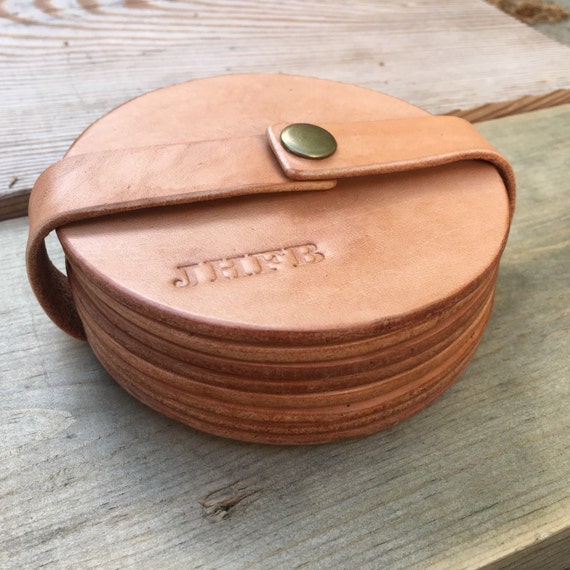 Personalized Round Leather Coaster Set by PurityLeatherGoods