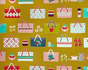 Picnic Baskets Mustard Cotton Fabric from Picnic collection Cotton & Steel by Melody Miller per fat quarter per metre