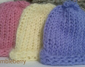 Angora knit hats Super soft and stretchy pink, pale yellow, periwinkle Free Ship US Newborns, preemies, baby shower, gift, hand knit,
