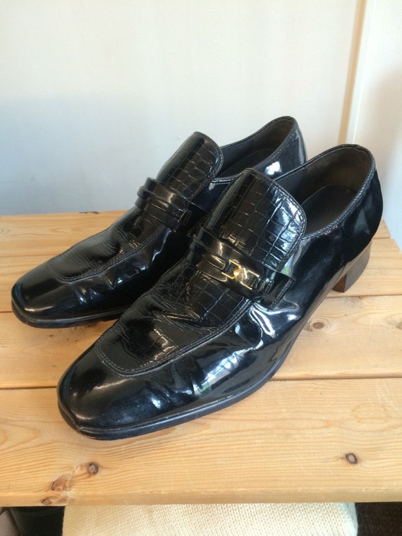 Size 14 70s Men's Platform Disco Shoes. Black Patent