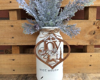 Painted Mason Jar. 1/2 Gallon Distressed Mason Jar. Christmas Decor. Vase. Gift. Rustic Centerpiece. Tree Ornament. Wood Ornament. Container