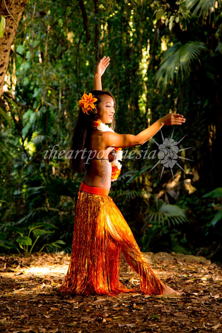 Orange cellophane skirt hula dance costume by iheartpolynesia