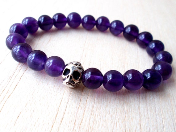 Items similar to Amethyst Skull Bracelet, Mens Healing Crystal Bracelet ...