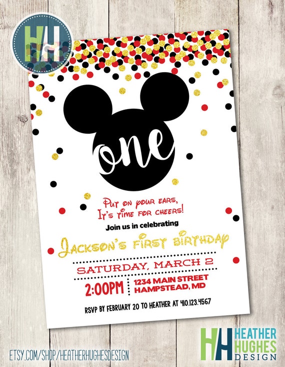 mickey mouse first birthday invite boy 1st birthday gold