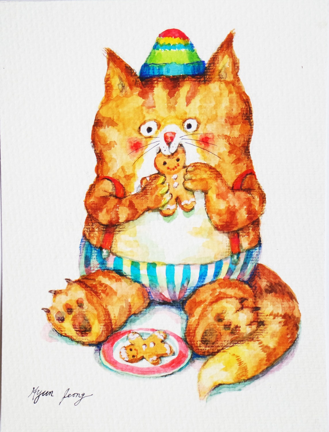 Kids Cat Watercolor Illustration in Yellow by TinytotAtelier