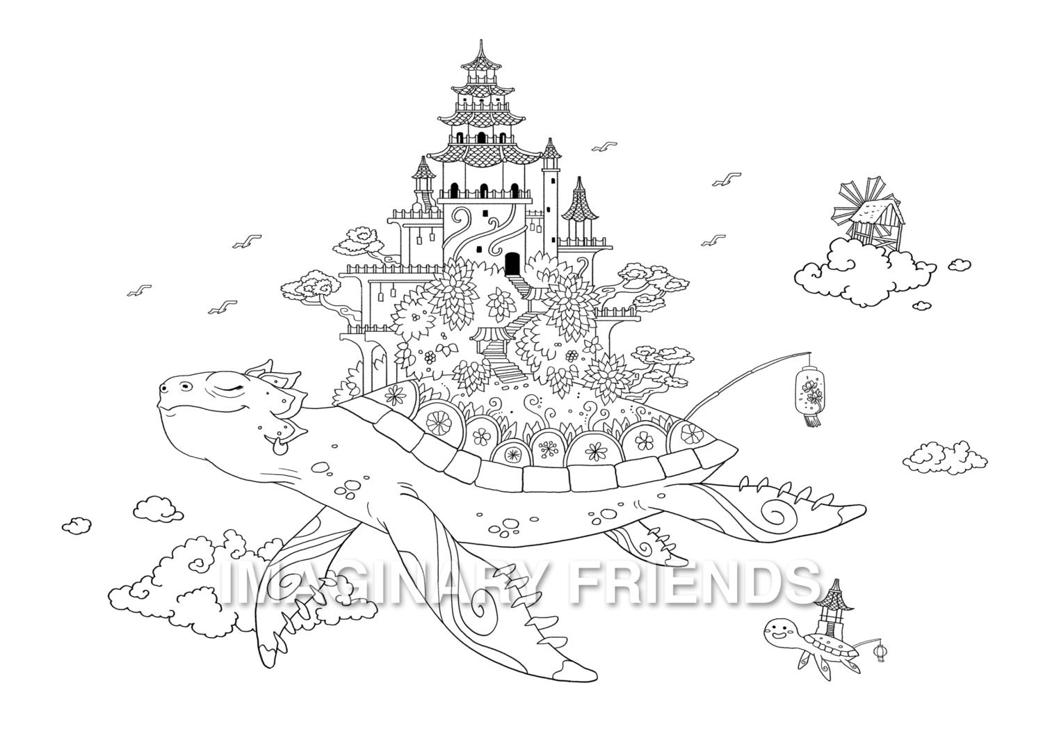 Turtle Temple Coloring Page A4 size 210 297mm / A3 size