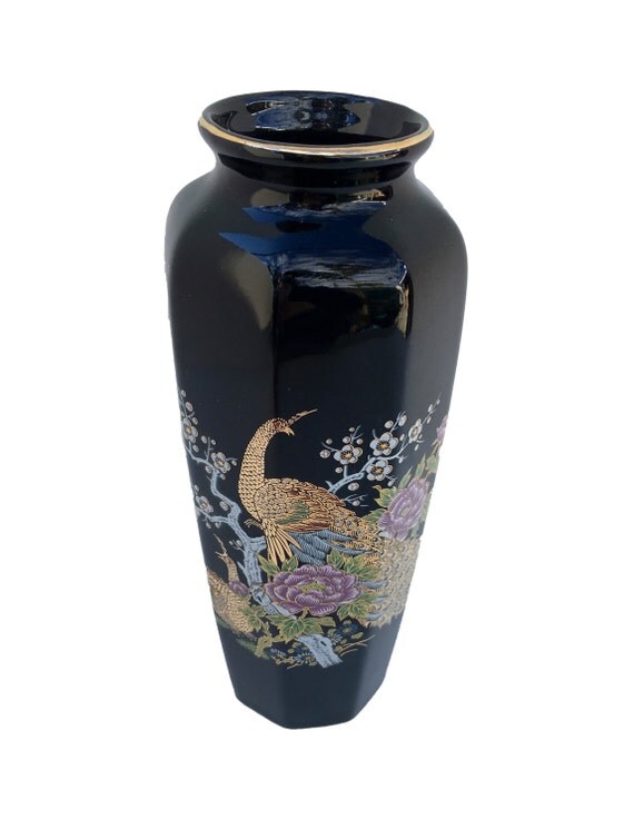 Vintage Black Japanese Vase with Peacock Design