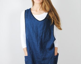 Linen cross back apron, french blue linen pinafore, linen apron dress, linen pinafore with pockets, linen kitchen apron, full linen apron
