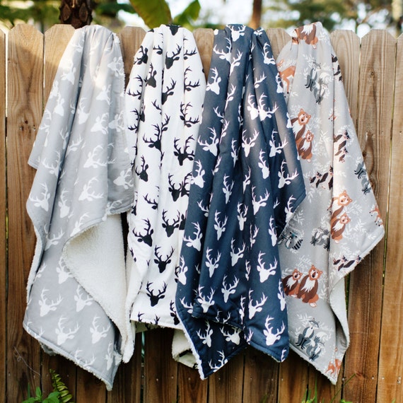 Super Soft Navy Deerhead Sherpa Blanket by ThreeWishesBeddingCo