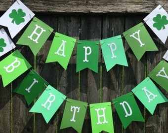 Irish birthday banner. St Patricks day birthday banner. Green happy birthday banner. Four leaf clover party decor.