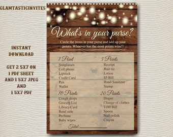 Whats in Your Purse, Whats in your Purse Game, Bridal Shower Game, Bridal Shower Purse Game, Rustic Bridal Shower Game, Rustic Shower
