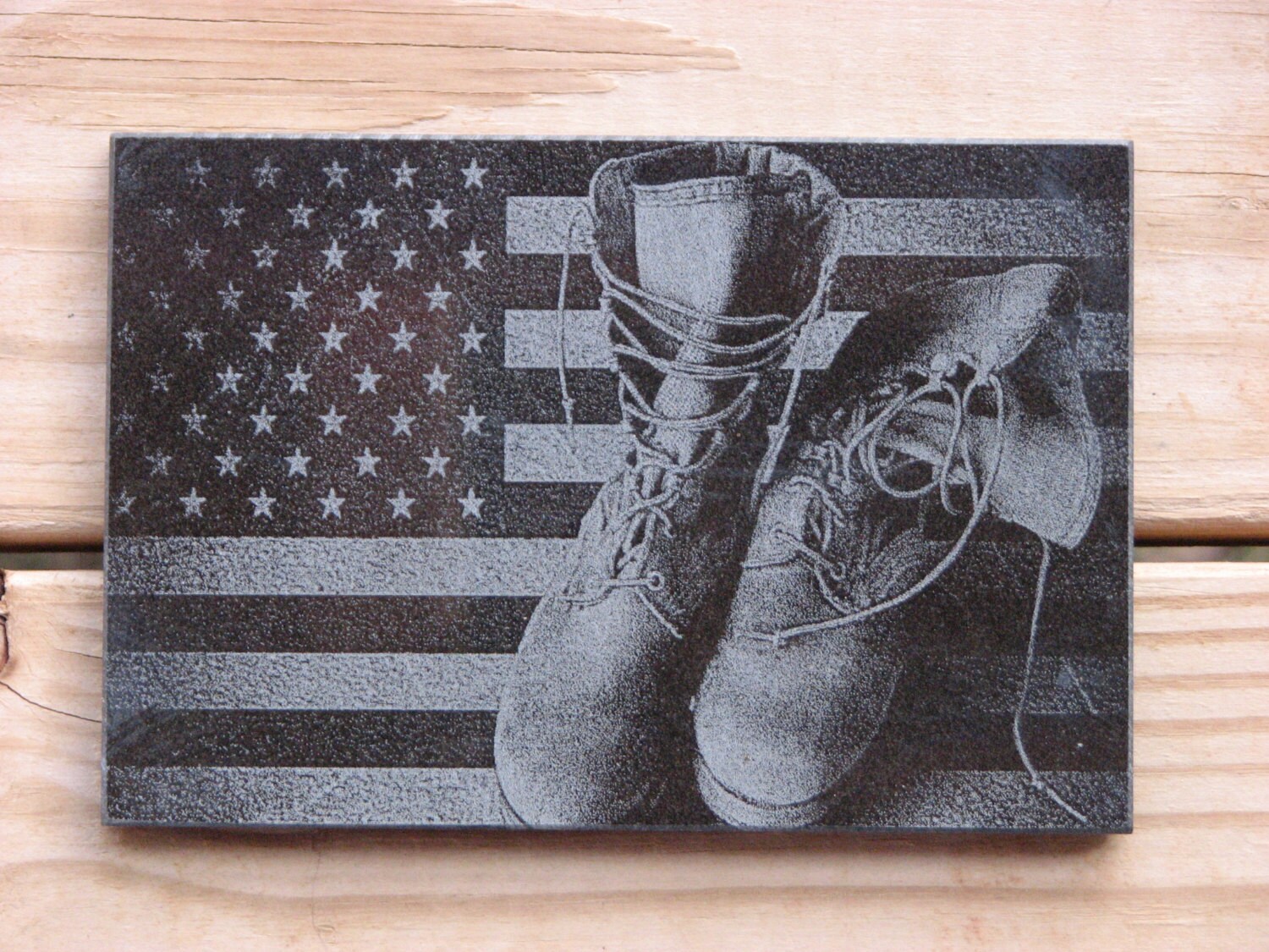 Laser Engraved Granite Tile American Flag with boots