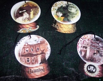 FOUR Vintage Halloween Witch's Crystal Ball Hang Tags / Gift Tags