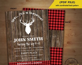 Surprise lumberjack birthday invitation wood rustic plaid deer woodland party invite Instant Download editable text printable invite 5198