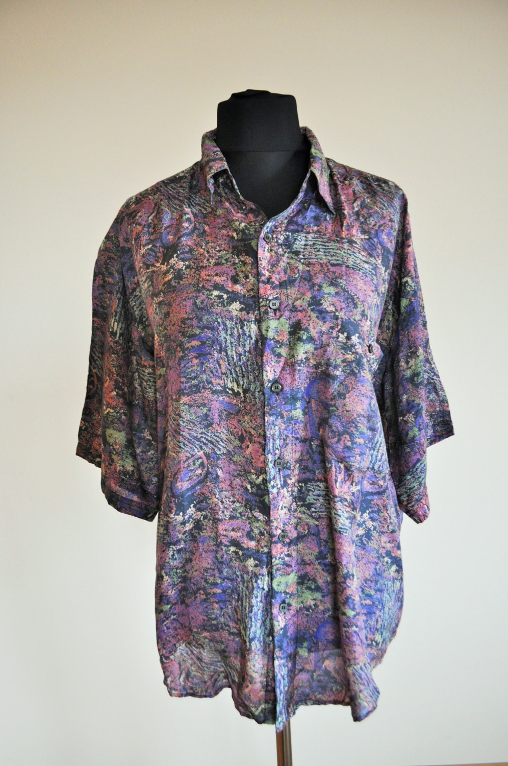 Vintage Mens Silk Shirt Buttons Down Pure Silk Large