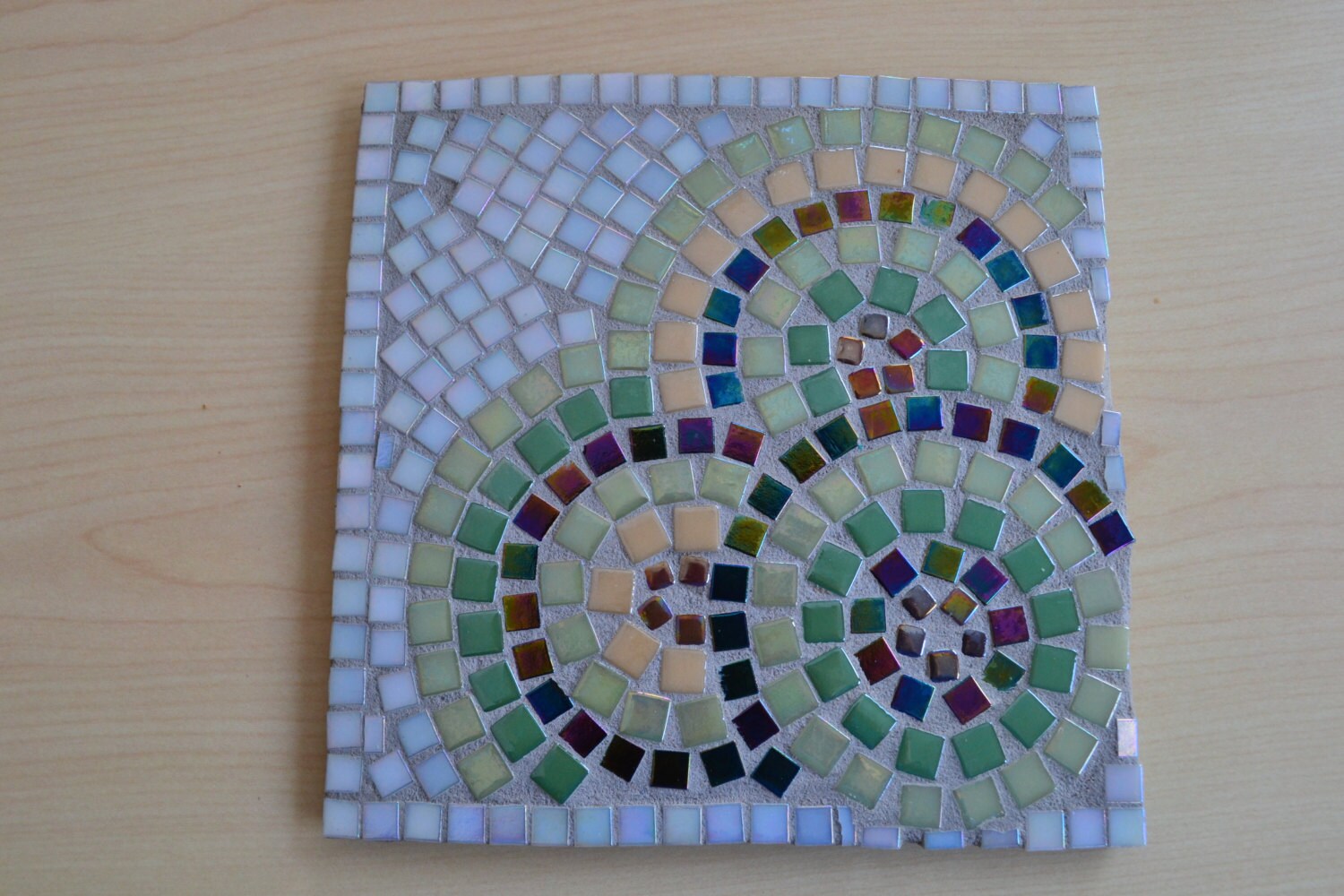 Mosaic Trivet 8x8-inch Square Handmade Green Ivory Bronze