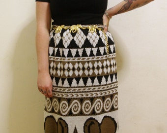 Vintage 1990's Knitted wool tribal elephant maxi skirt size 12-14