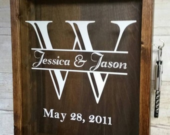 PERSONALIZABLE LARGE SIZE Wine Cork Holder Shadow Box, With Wine Key On Side- Stained Wood & Glass (12"x15")