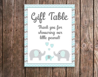 Elephant Baby Shower Gift Table Sign - Blue and Gray Chevron Elephant Baby Shower - Aqua Elephant Shower - Gift Table Shower Blue Elephant