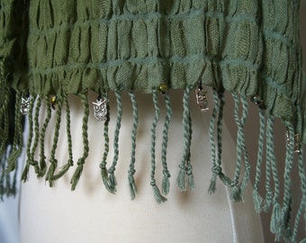 Green Owl Scarf, Ladies Owl Scarf, Owl bead scarf, Silver Owl Scarf, Green Fair Trade Scarf, Beaded Green Scarf, Owl Scarf Gift