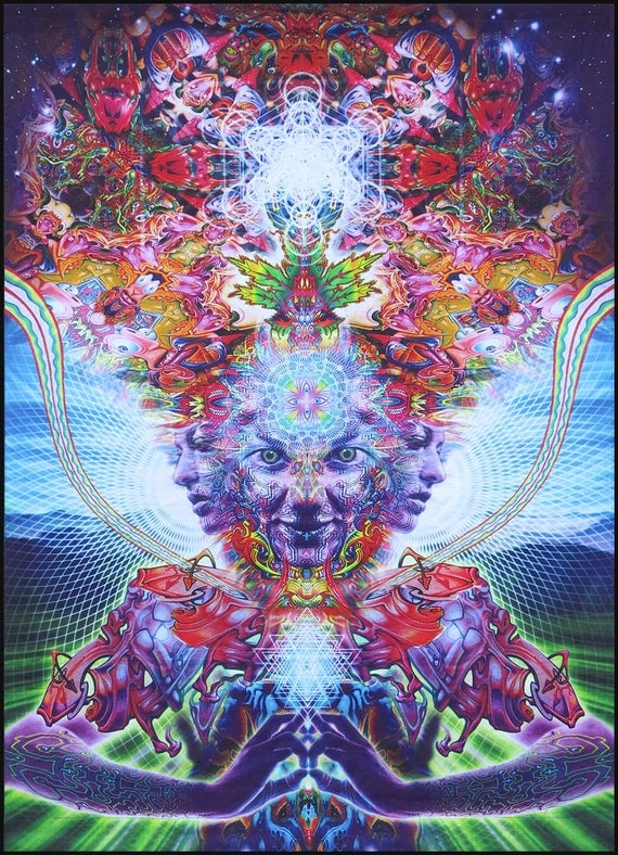 Trippy wall art 'Namaste'. Psychedelic tapestry wall