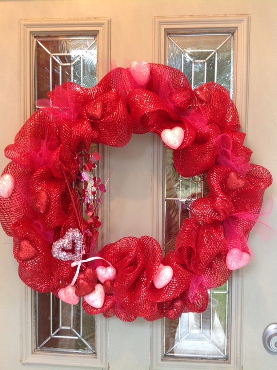 Items similar to Valentine Deco Mesh Wreath For Front Door, Valentine ...