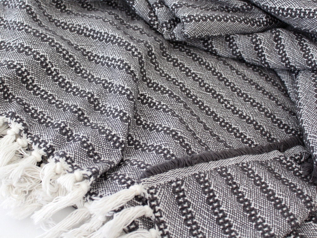Bohemian Throw Blanket Grey Handwoven Cotton by onTheRainbow