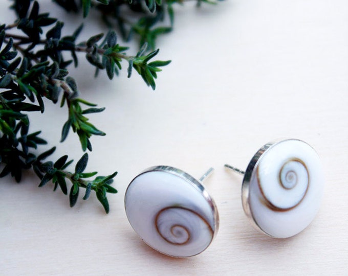 Shiva Eye earrings, shiva eye shell earrings, white stud earrings, sterling silver stud earrings, gift for women, womens gift, birthday gift