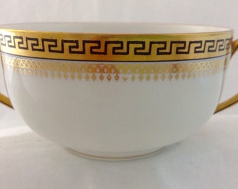 T and V Limoges #2680~Black & Gold Greek Key~Flat Bouillon Cup