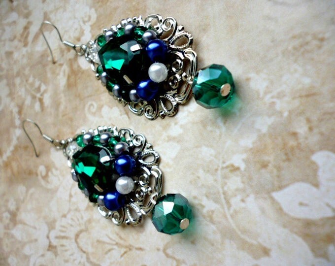 Baroque Emerald Crystals Filigree earrings handmade vintage long earrings Renaissance earrings earrings gift Green crystal earrings