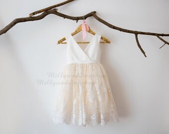 Ivory Satin Lace Champagne Tulle V Neck Flower Girl Dress Wedding Bridesmaid Dress M0036