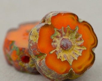 Czech Glass Beads, Hibiscus Flower, Hawaiian Flower, Pansy Flower, Orange Opaline with Picasso, 9mm, 12 beads