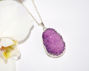 Violet druzy necklace Purple quartz raw pendant boho necklace gemstone Crystal pendant Silver stone necklace for women Lilac necklace