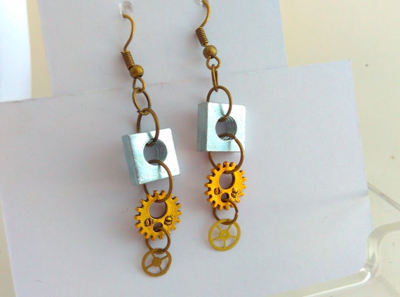 Upcycled, steampunk earrings, Steampunk cog earrings, handmade steampunk drop earrings, steampunk, handmade, steampunk hoop earrings, cog by VintageBlingAndBags steampunk buy now online