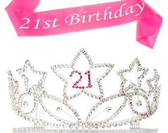 21st Birthday Tiara and Sash, 21 Rhinestone Silver and Pink Crown, Accessories Bundle Set,- Birthday Party Supplies & Decoration deas