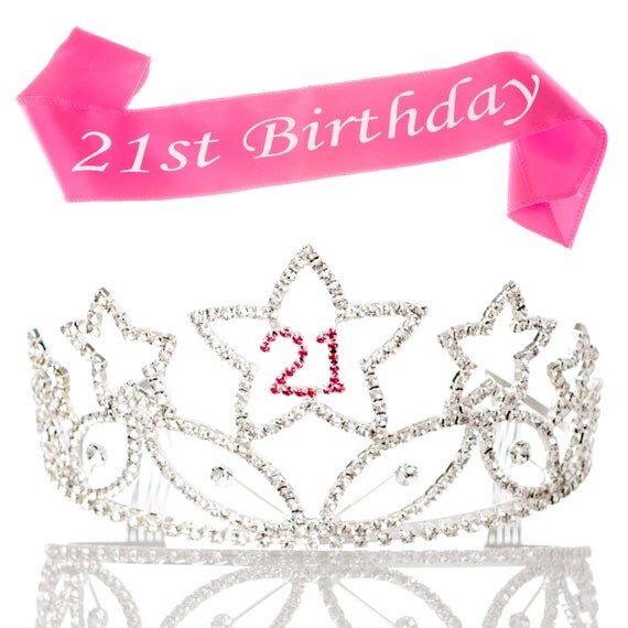 21st Birthday Tiara and Sash 21 Rhinestone Silver and Pink