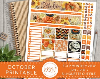 OCTOBER Monthly Kit Stickers for ECLP Halloween Stickers Fall Planner Autumn Stickers Orange Brown Black Pumpkin Silhouette JPG png Mv107