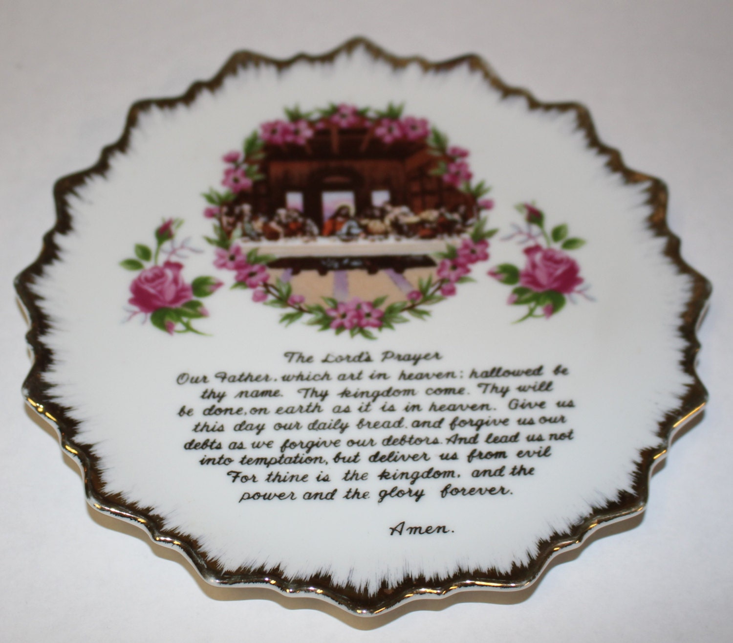 Vintage Lord's Prayer Plate with pink roses and Last