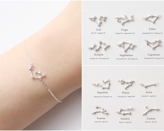 Silver Constellation Bracelet, Silver Zodiac Bracelet, Zodiac Sign Bracelet, Delicate Bracelet, Personalized Bracelet, Birthday Bracelet