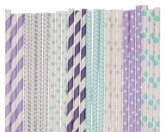 Paper Straw Mix, Ice Princess Lavendar Silver Light Blue Aqua Stripd Chevron Polka Dot Star Paper Straws, Frozen Winter Snowflake Birthday