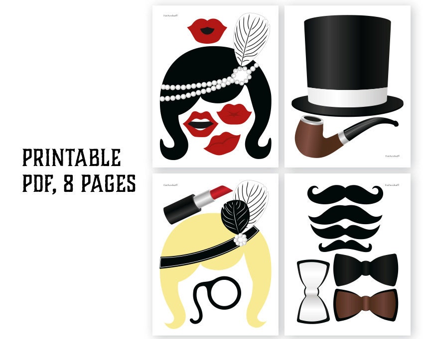 Vintage photo booth props printable PDF. Classic roaring 20s