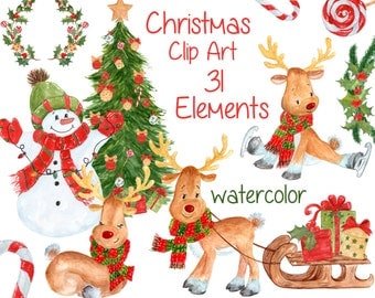 Watercolor Christmas clipart: "CHRISTMAS CLIP ART" Kids clipart Cute Holiday clipart Reindeer clipart Christmas gift ornaments tree clipart